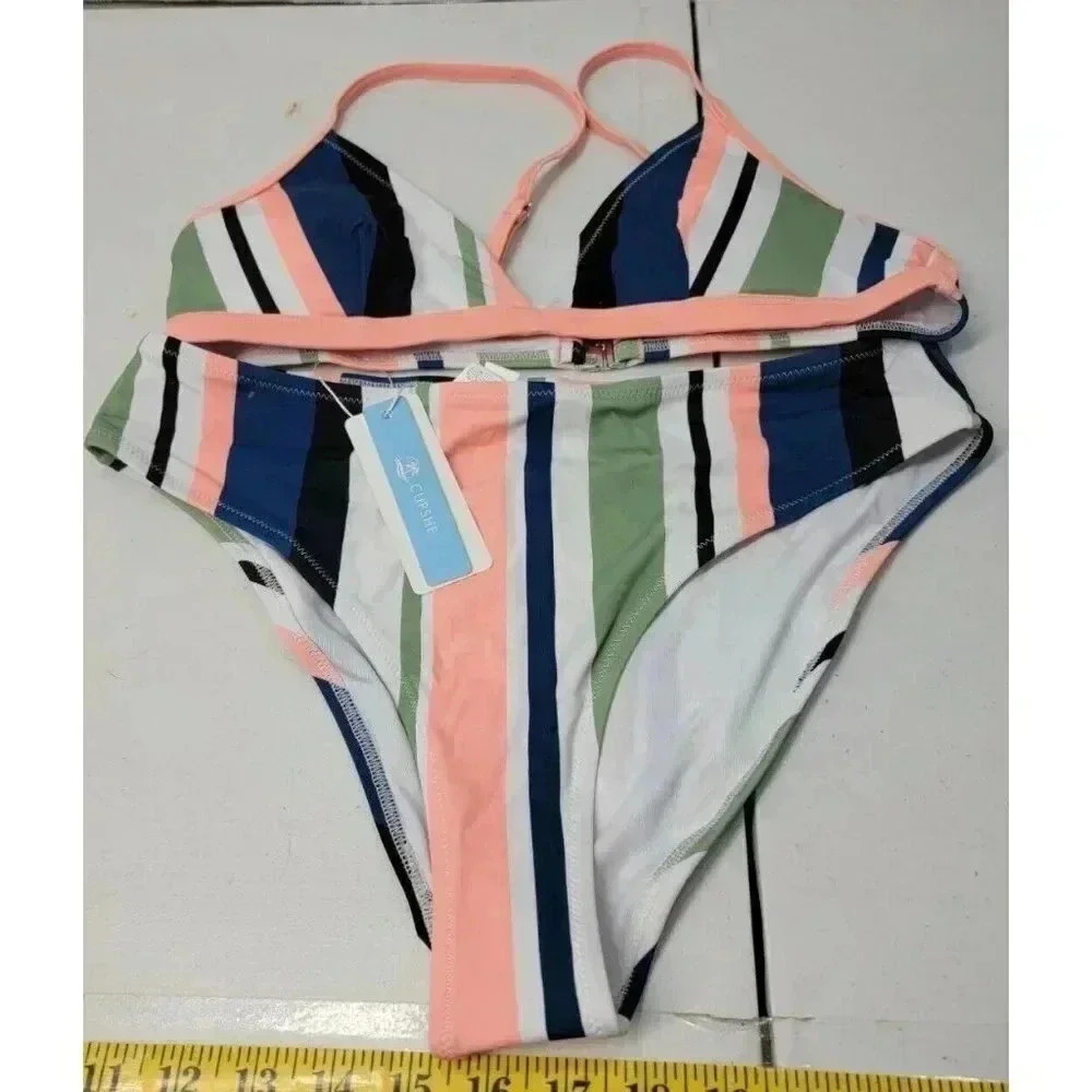 NEW CUPSHE 2PC BATHING SUITE BIKINI SIZE LARGE MULTI-COLOR STRIPE - Picture 1 of 7